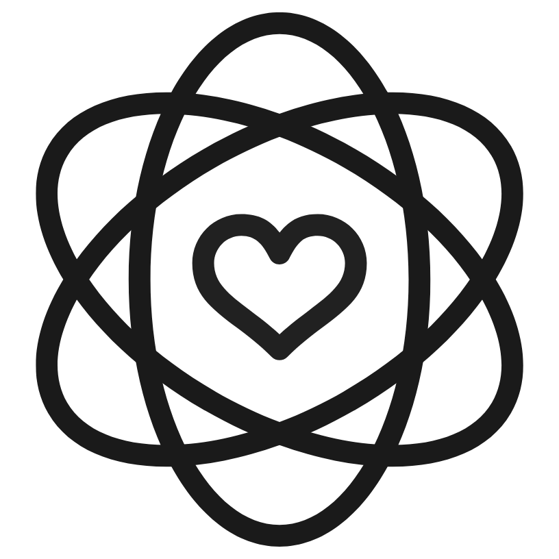 A black and white line drawing of a heart at the center, surrounded by interwoven loops forming an abstract floral shape.